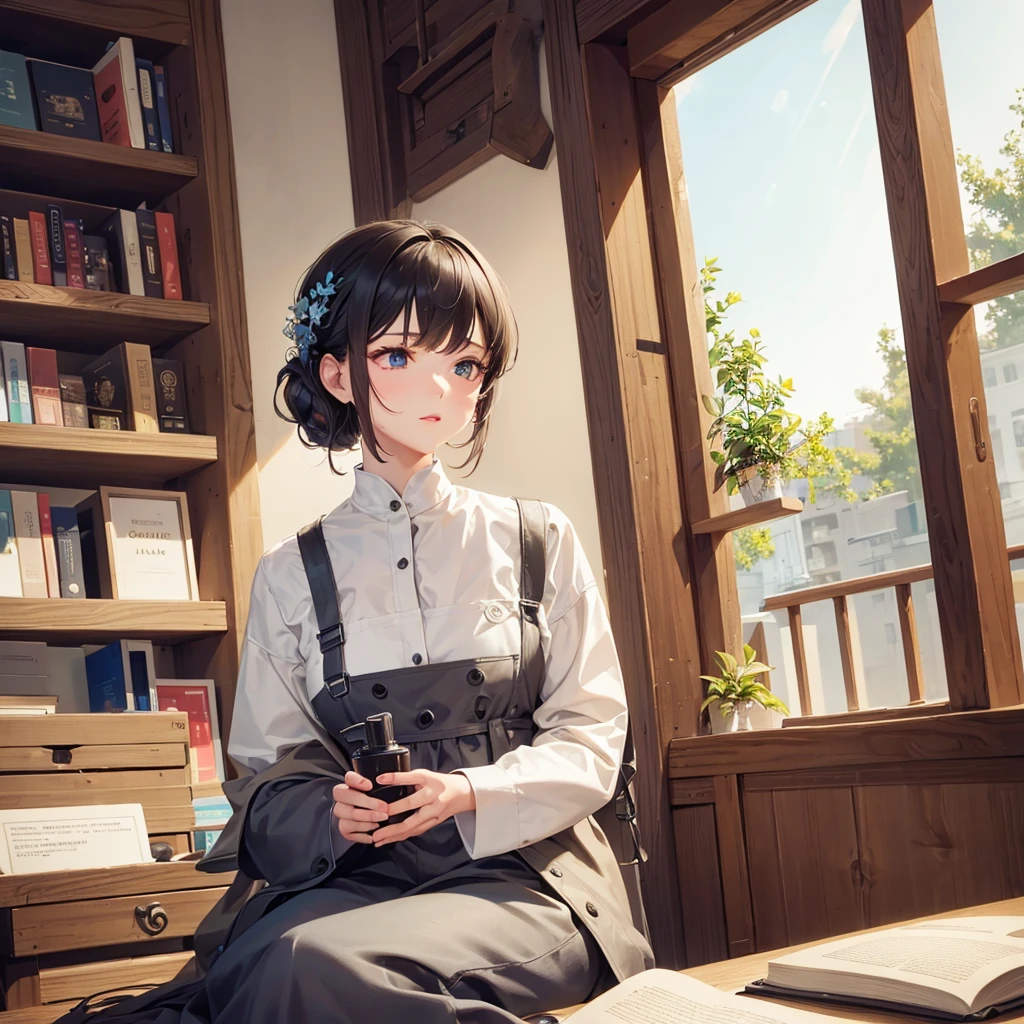 ((Very detailed), #c2894b background, book store, window, afternoon, sunlight, Cozy atmosphere, many bookshelves, Detailed antique binding of a book, 1 butterfly), ((Cinematic), Warm and soft lighting), ((Ultra-detailed, Beautiful Face, 1 girl), Very detailed, short hair, jeans, shirt, Glasses, Sitting cross-legged on the floor, Reading avidly, open a book on your lap, Beautiful detailed eyes, She's not looking at the viewer), There is a woman sitting on a bench reading a book, Beautiful digital illustrations