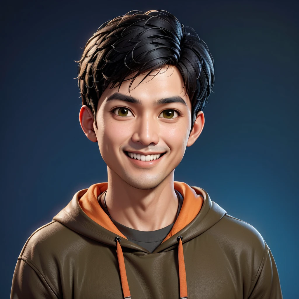 Create a cartoonish caricature 3D animation of a big-headed. a 41 year old Indonesian man. She has short black pixie cut hair. His face is oval with smooth lines, thick and neat black eyebrows, normal eyes, a small, sharp nose, and thin lips with a wide, friendly smile. He wore a dark green hoodie over an orange t-shirt. Gradient blue background with professional lighting. masterpiece, top quality, highly detailed skin and face, ultra-realistic, high definition, studio lighting, sharp focus, 2/3 body angle, Concept Art.