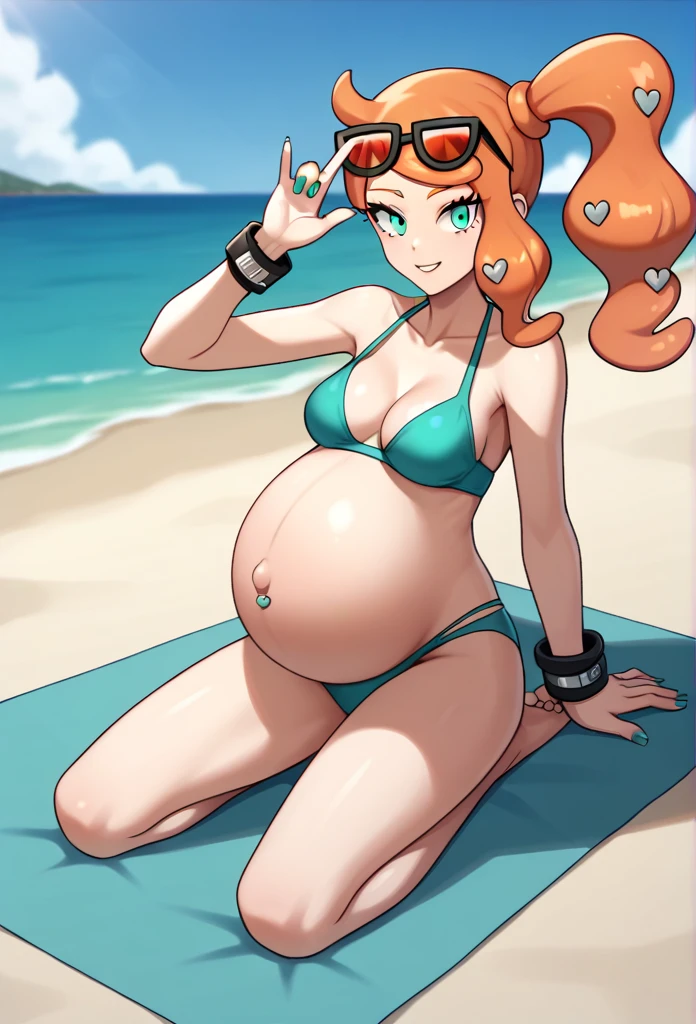 score_9, score_7_up BREAK solo,EPpkSonia,orange hair, side ponytail, aqua eyes, long hair, eyewear on head, sunglasses, heart hair ornament, aqua bikini, pregnant, big belly, Belly button piercing, cleavage, bracelet, collarbone, panties, nail polish, aqua nails, aqua toenails, beach, belly rub, burp