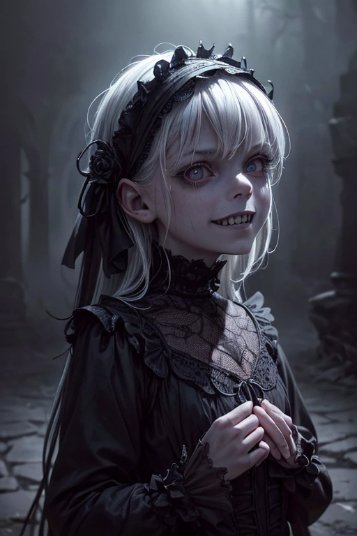 a creepy detailed little bogieman girl, long sharp teeth, dark shadowy eyes, sinister smile, dark mysterious background, dark eerie atmosphere, dramatic chiaroscuro lighting, dark fantasy, gothic, horror, (best quality,4k,8k,highres,masterpiece:1.2),ultra-detailed,(realistic,photorealistic,photo-realistic:1.37)