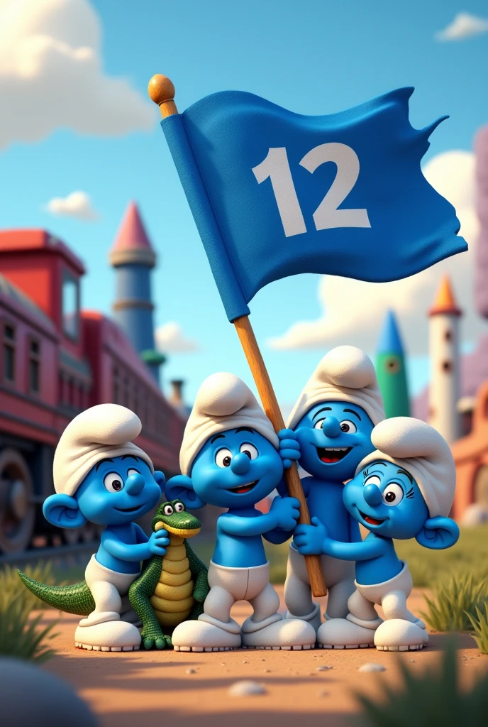 Team the Smurfs holding a blue flag written "12" with an alligator next to them, and a train next door, behind a blue rocket and a green rocket