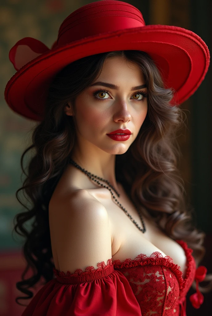 make her look like a courtesan from the 1800s with a red hat and hairspray, having brown wavy hair and brown eyes