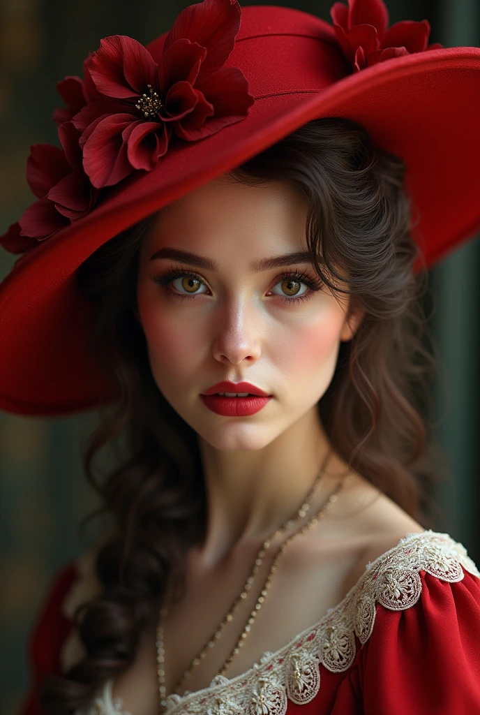 make her look like a courtesan from the 1800s with a red hat and hairspray, having brown wavy hair and brown eyes