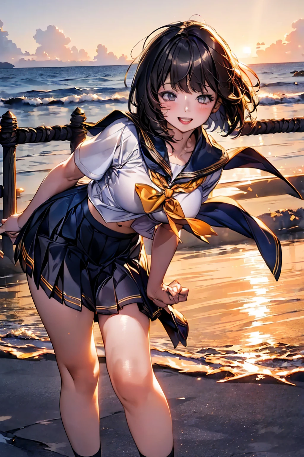 Browsing Caution,​(Highest quality, 8k, masterpiece:1.3,beautiful girl), (Very detailed)Glowing Skin,(((Woman 1))),((Short sleeve, cute navy sailor suit, Navy Pleated Skirt, Navy sailor collar, Blue Sailor Scarf, socks, Brown Loafers)), (Perfect Anatomy, Anatomically correct, Very detailed肌),((Golden Eyes)),((Perfect Fingers,Five Fingers)),((Black Hair,Bobcut,)),Natural Makeup,Smile in full bloom、Rear View、cheeks turn a little red,Seaside、sunset、Hair blowing in the wind、While stroking my hair,Smiling with teeth showing,turn around,wave hands