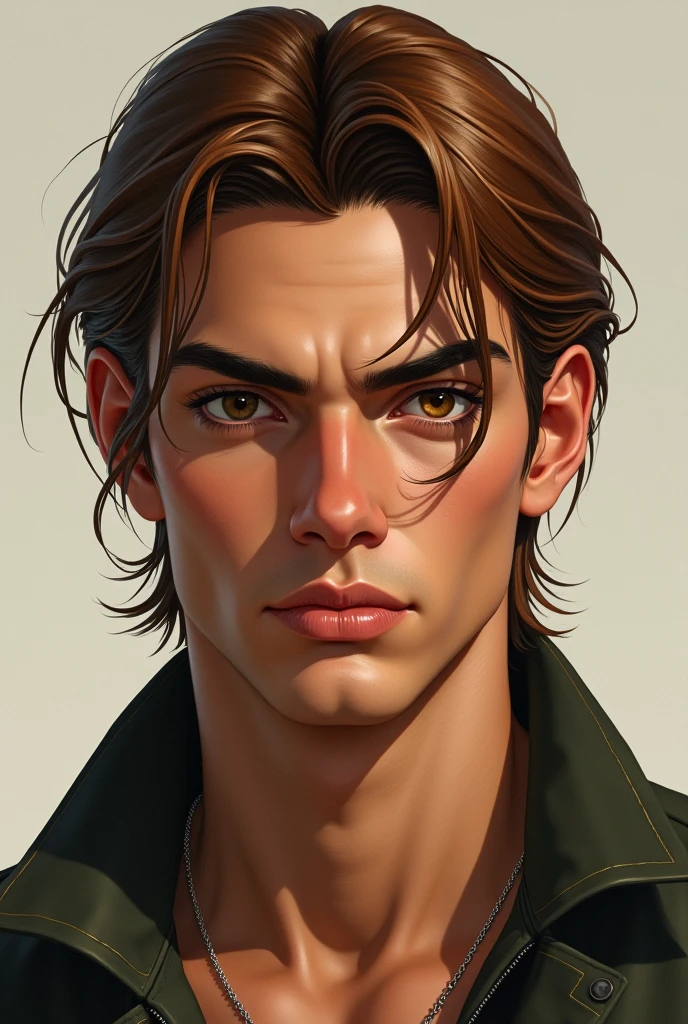 Create a hyperrealistic illustration of a young man, tanned skin, jaw and marked features, brown eyes, and medium long hair, well combed back and copper brown color