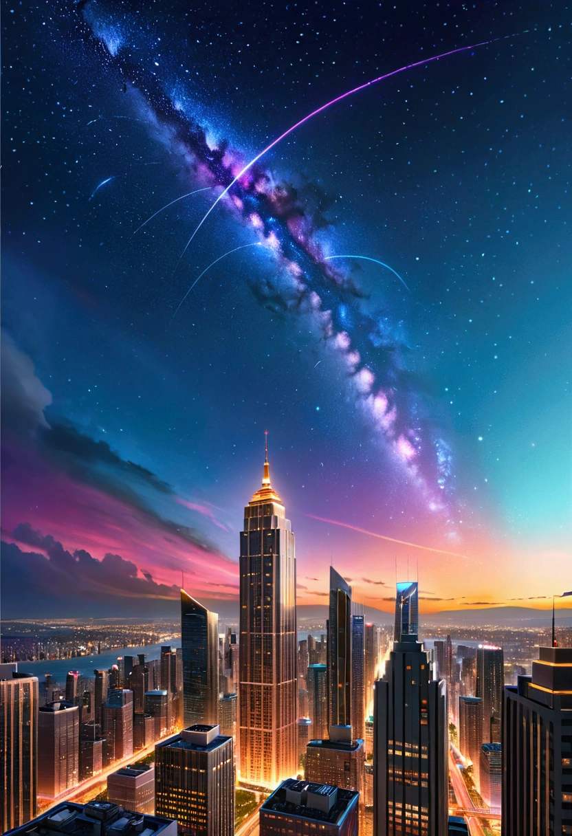 a beautiful night cityscape, a towering skyscraper overlooking the urban skyline, colorful shooting stars streaking across the night sky, dramatic lighting, cinematic composition, vibrant colors, photorealistic, 8k, (best quality,4k,8k,highres,masterpiece:1.2),ultra-detailed,(realistic,photorealistic,photo-realistic:1.37),HDR,studio lighting,extreme detail description,professional,vivid colors,bokeh