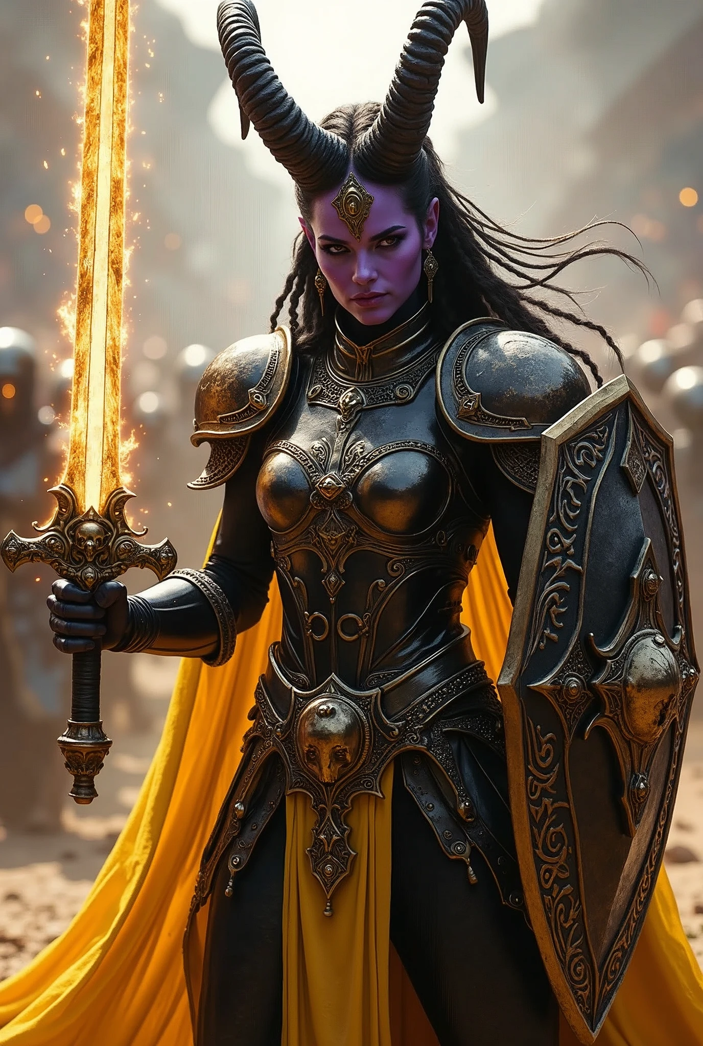((portrait, upper torso, armored female paladin, battle worn gloss black lacquered armor:1.4, gold filigree, etched, gold cloak, (((((purple skin Tiefling, black ram horns))), [glossblack hair:dark hair:0.8]))), blackout eyeshadow, iron tiara), braids, (((glowing radiant white skull engraved sword, shield, sparks, windy))), outdoor, intense sunlight, background crowded arena, dynamic battle pose
