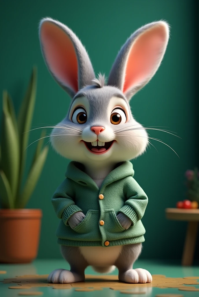 Smiling Rabbit wearing clothes. 
dark green background 