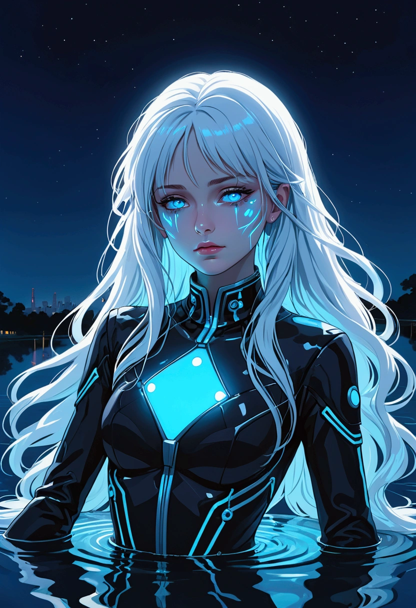 ((best quality)), ((masterpiece)), (detailed), (total body), perfect face, a beautiful woman with white long hair and a sky blue reflection, she has a tufted fringe, she has sky blue eyes, she has total black cyber suit clothes with some neon sky blue lights on it, cyber line on her face, she is sad, she is lying on the water in a pond, the water is red, in the night with skyblue lights, total body.