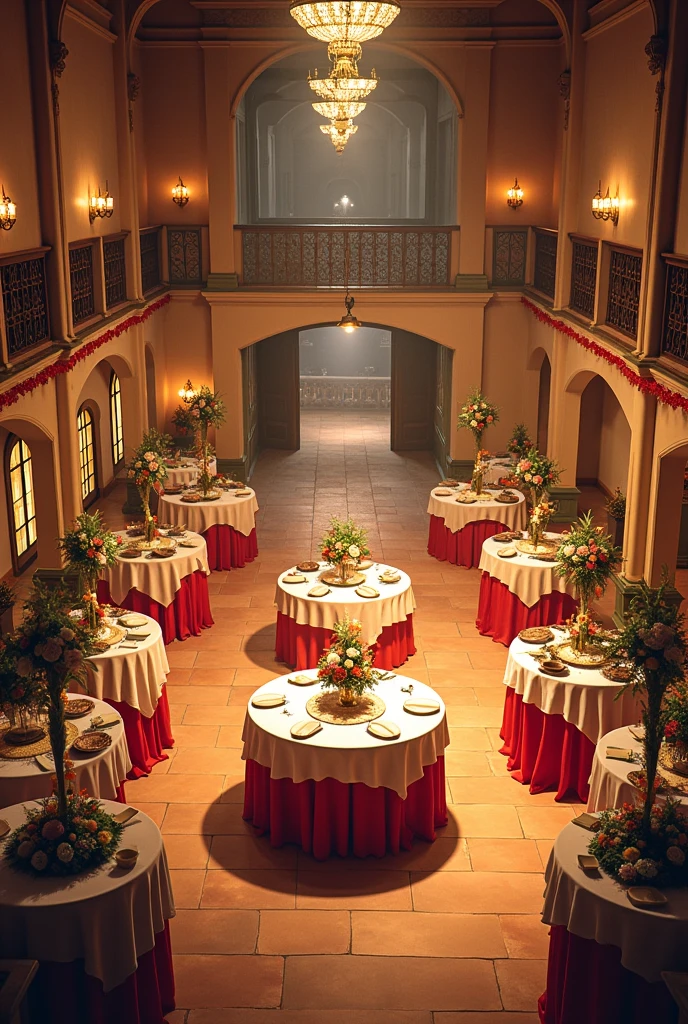 **Food and Drink Area Inside the House:**
- **Location:** The food and beverage area is located in a spacious hall or in a large party room inside the house., separate from the main event area to ensure guests can serve themselves without disrupting activities.
- **structure:** Buffet tables and serving stations are arranged along the walls or in central islands., allowing guests to serve themselves with ease. The tables are set with elegant tablecloths and adorned with floral arrangements., keeping the decoration in tune with the Cavalhada theme.
- **Decoration:** The hall is decorated with themed details, like flags and ribbons in the colors of Cavalhada. The ambiance is complemented with soft lighting to create a cozy and festive atmosphere..
- **access:** The space is designed to be accessible from the main event area, with wide passages that allow guests to move between the food and drink area and the main activities without