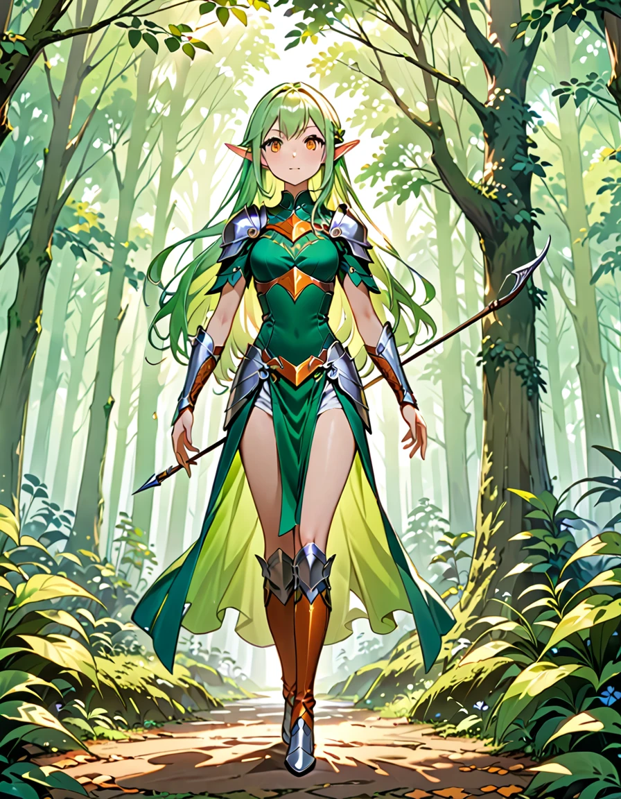 (((Masterpiece, best quality, 16k))) female character with long green hair and amber eyes. She wears an elven armor in green, silver, and white. wields a longbow with intricate carvings. The character has a calm expression, with a lush forest as the background. ((full body front view)). ((slender)), (extremely detailed:1.5), (long green hair:1.2), (amber eyes:1.2), (lush forest:1.1), (elven armor:1.3), (longbow:1.3).
