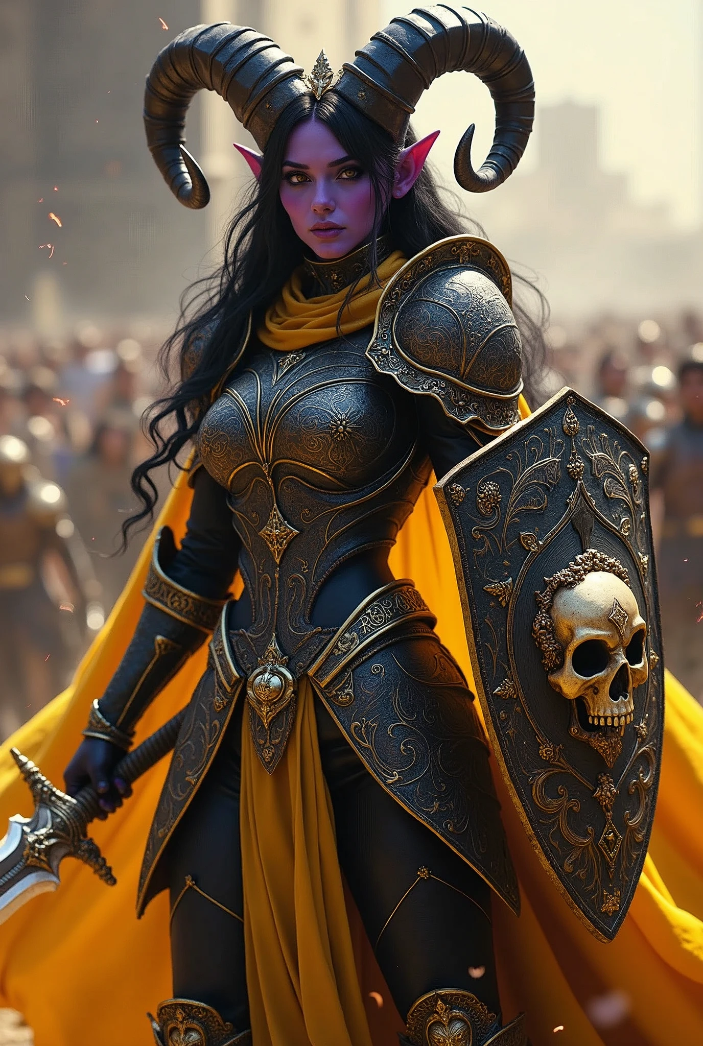 ((portrait, upper torso, armored female paladin, battle worn gloss black lacquered armor:1.4, gold filigree, etched, gold cloak, (((((purple skin Tiefling, black ram horns))), [glossblack hair:dark hair:0.8]))), blackout eyeshadow, iron tiara), braids, (((glowing radiant white skull engraved sword, shield, sparks, windy))), outdoor, intense sunlight, background crowded arena, dynamic battle pose

