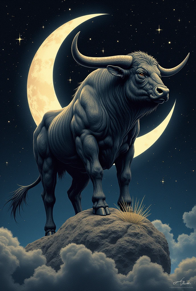 Drawing of a bull on top of a moon with a background of stars 