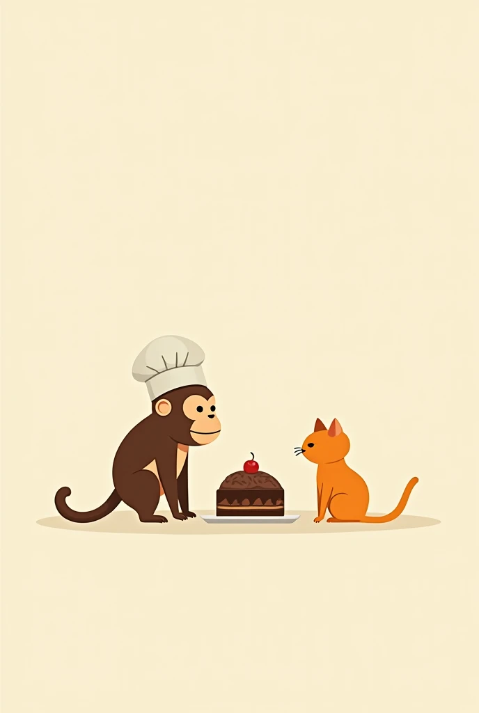 A simple 2d minimalist drawing of a brown chef monkey next to an orange cat and a chocolate cream cake 
