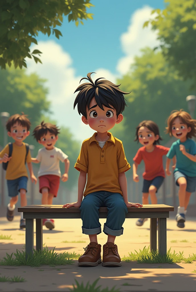 Description: Thomas sitting alone on a bench in the school yard, with a sad face. In the background, other children are playing in a group, and Thomas looks at them with a longing expression.
Visual Elements: A bench in a school yard, children playing and laughing, and Thomas with a hunched posture and a melancholic look.