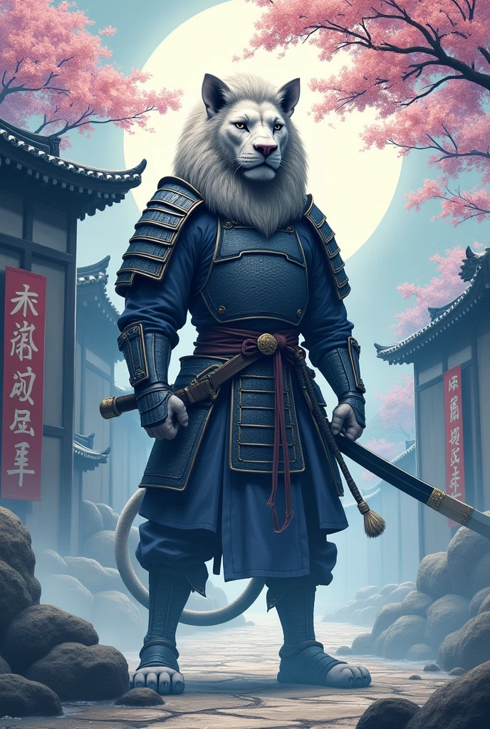 Samurai Lion in an Japanese dojo, modern art, hand-drawn, gray, blue and white colors, Lion warrior, traditional Japanese architecture, cherry blossom tree in bloom, intricate samurai armor, katana sword, focused expression, whit big head, dynamic pose, detailed linework, soft pastel shades of blue, and lavender, artistic interpretation, ArtStation. Whit the medium Argentina flag and with a very big sign that says ViP