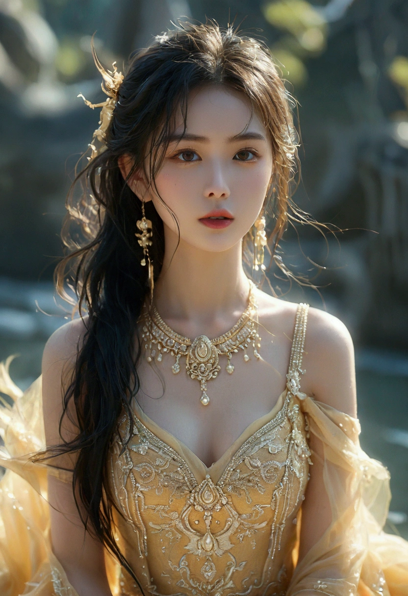 Generate A stunning Tangra AI image of a Thai beautiful female, Goddess in Golden Attire, perfect body, long shot, see all RAW, simulation, 64k, UHD, 
Ultra-realistic, --s 999 --v 6.0, 8k, HDR+. --stylize 750 