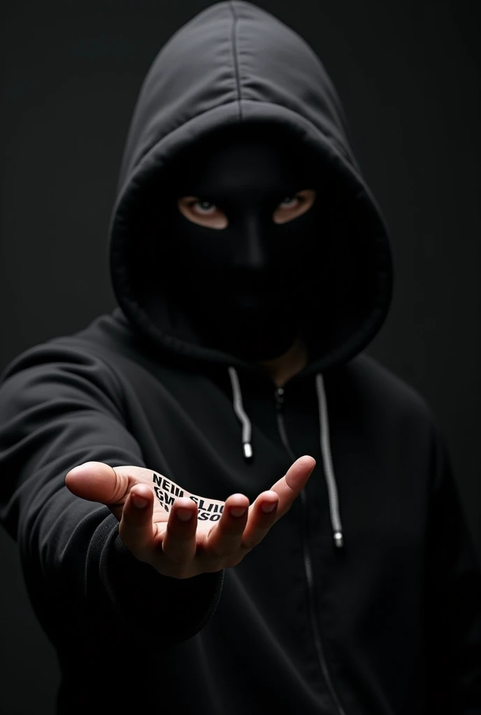 Generste me a image of a black mask hacker showing his hand and just make the background bllack and also write the text villain life story on the hand of the black mask hacker