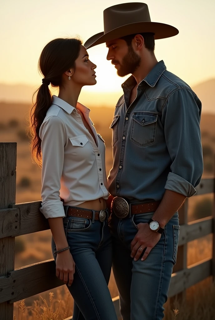 a rugged and slender rodeo cowboy , next to a fence, (she wears an open white shirt with rolled up sleeves, tight jeans with leather belt held by large intricate silver belt-buckle) woman's hair is dark in messy ponytail, (wears faded work jeans and a loose blue shirt with collar, cowboy hat with brim pulled down,) (she's in profile looking at cowboy with love), highly detailed skin, highly detailed fabric texture,, detailed natural lighting, deep shadows, American landscape in background, sun setting, gorgeous and intimate photos