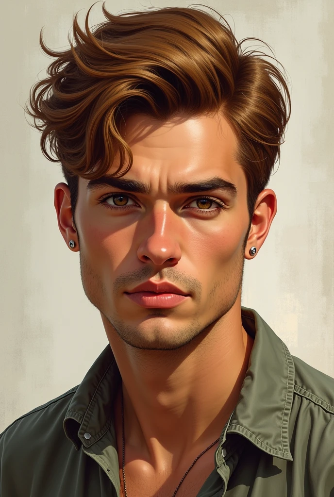 Create a hyperrealistic illustration of a young man, tanned skin, jaw and marked features, brown eyes, and medium long hair, well combed back and copper brown color