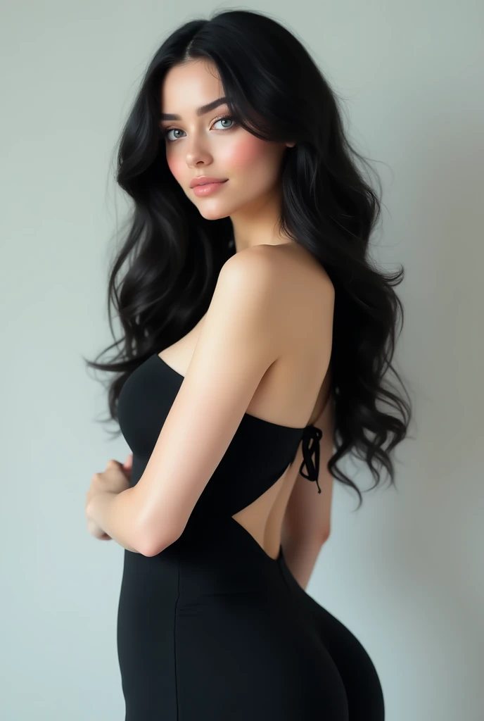 a white woman with soft and uniform skin, jet black hair that reaches down to her back, blue eyes where you can appreciate their depth and calm, medium buttocks and medium breasts and with a waist that resembles an hourglass and black clothes.