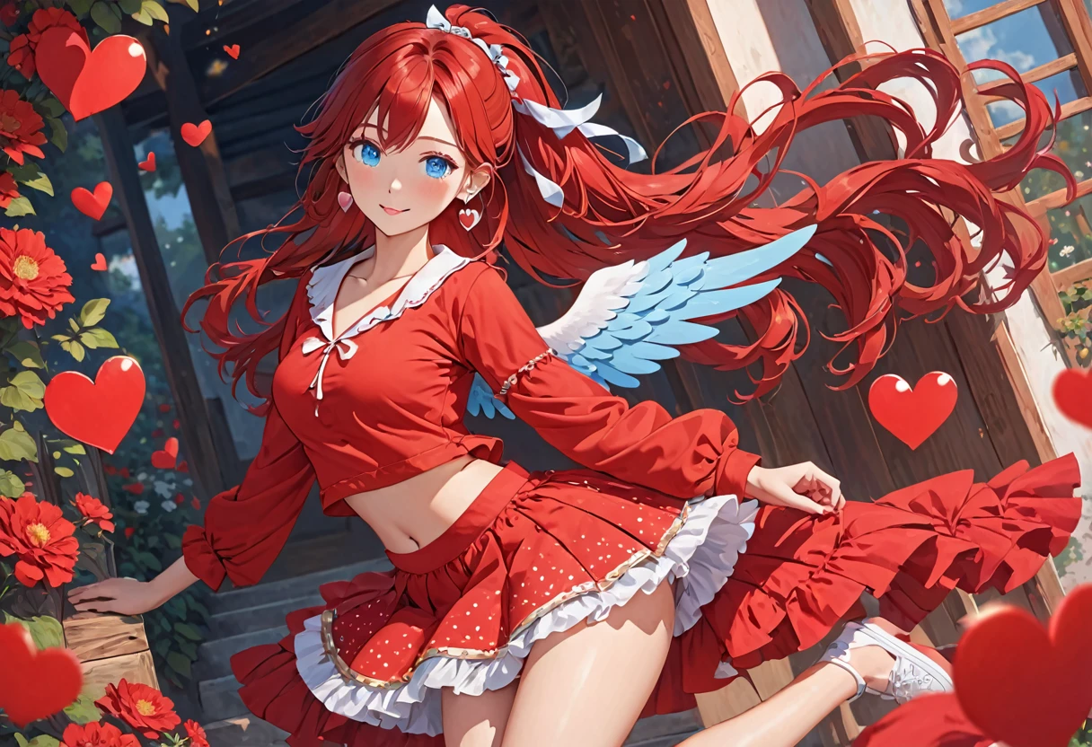 in red dress with heart shaped wings sticking out of her skirt, single girl, alone, one eye closed, jewelry, hair band, ponytail, red hair, heart, looking at viewer, blue eyes, long hair, earrings, short shirt, belly, red shirt
