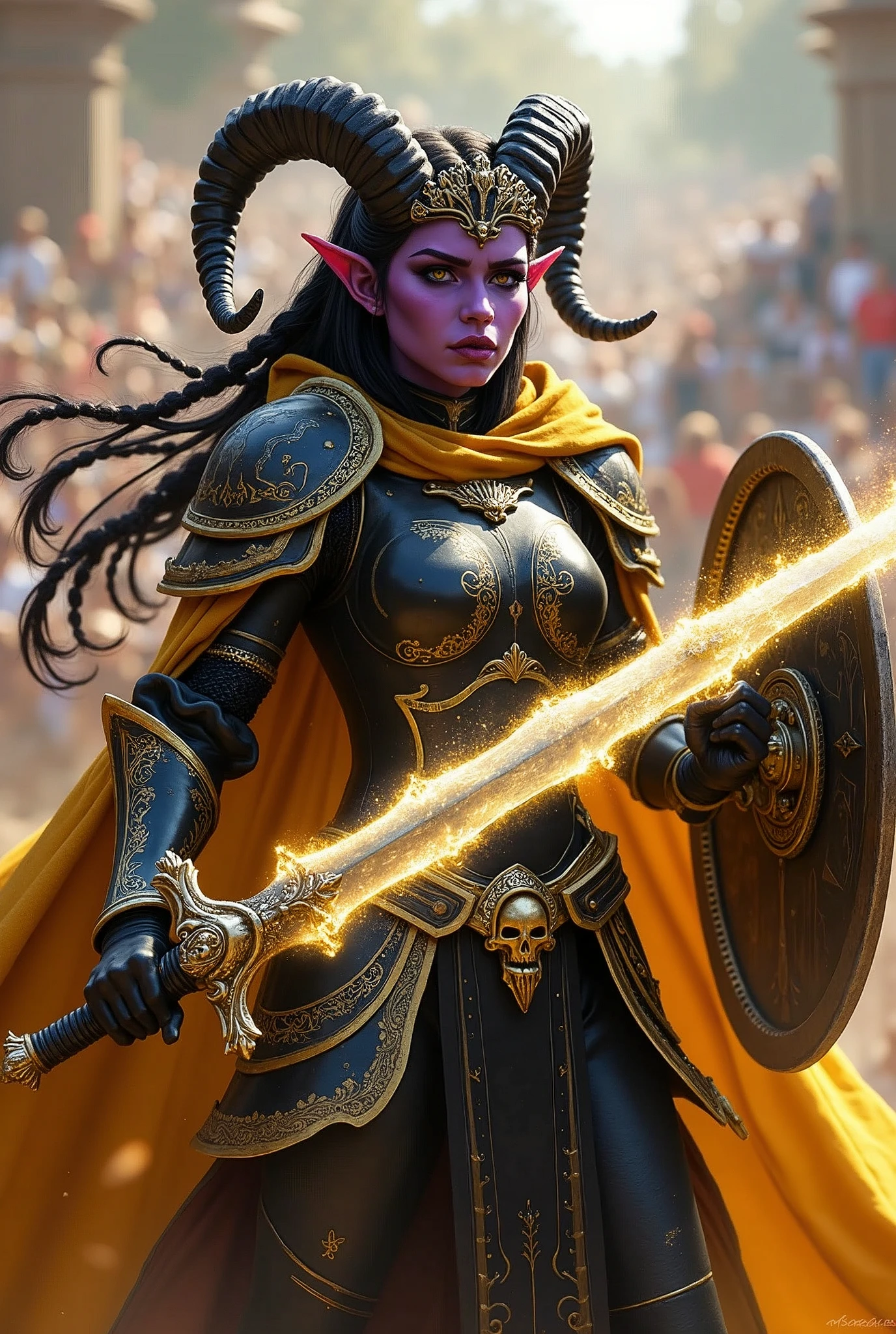 ((portrait, upper torso, armored female paladin, battle worn gloss black lacquered armor:1.4, gold filigree, etched, gold cloak, (((((purple skin Tiefling, black ram horns))), [glossblack hair:dark hair:0.8]))), blackout eyeshadow, iron tiara), braids, (((glowing radiant white skull engraved sword, shield, sparks, windy))), outdoor, intense sunlight, background crowded arena, dynamic battle pose
