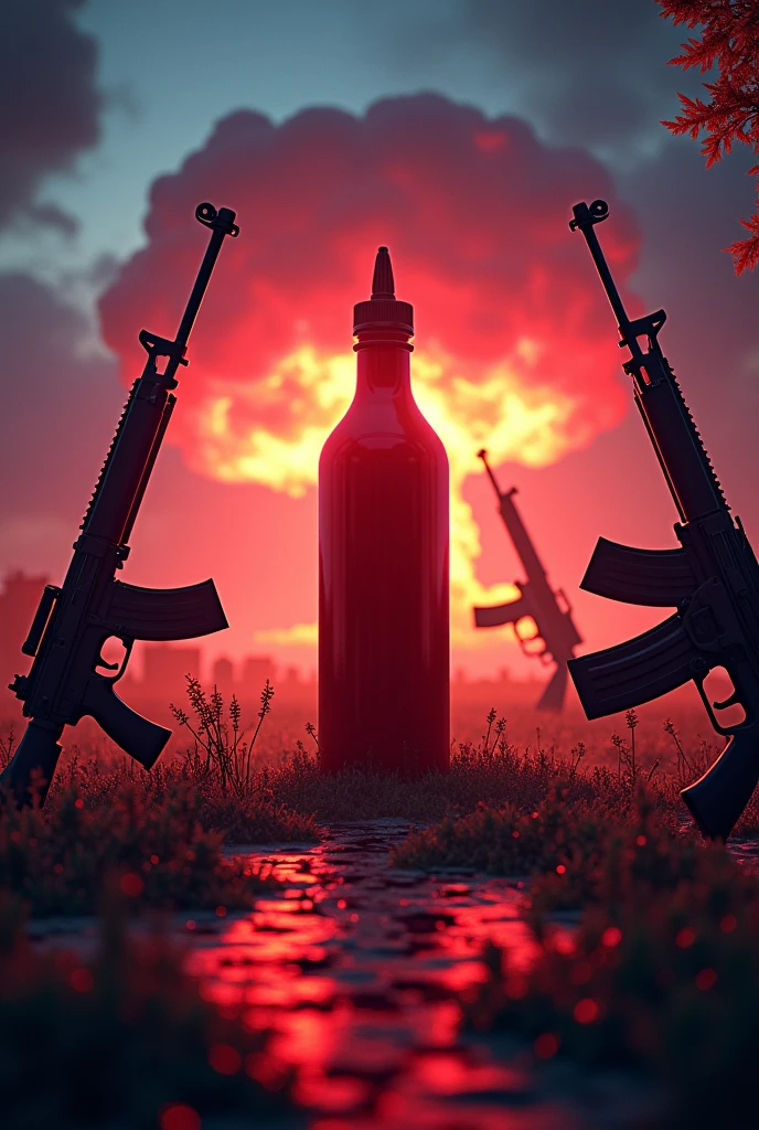 create images A captivating visual that encourages viewers to like, follow and comment. O logotipo "curiosities with ketchup" reappears with bold and engaging animation. The background includes subtle references to the weapons discussed, as silhouettes of the Maxim machine gun, of the AK-47 and a touch of the atomic bomb cloud.