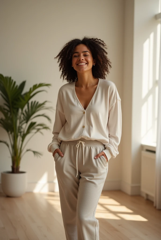 A woman in sweatpants is happy to have gone to therapy and found a cure for her pain