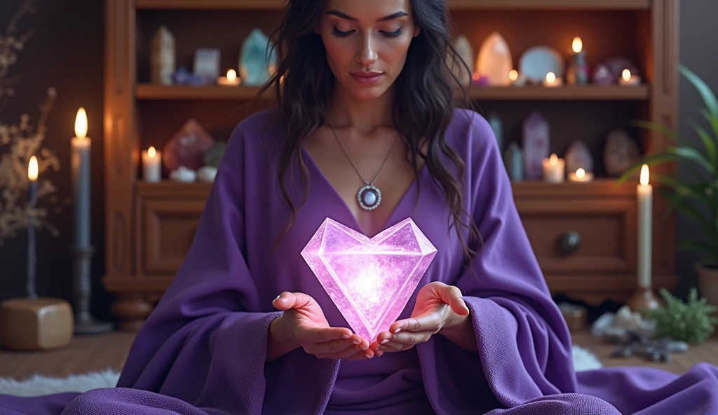 woman in violet priestess cape with a heart crystal in the center of her chest, energizing your home with HIGH crystals, IN your perfect hands with 5 fingers each hand, large pyramid shaped crystal, convey depth, in the background a cabinet full of crystals of different colors, sizes and shapes, in the scene small lit candles and aromatic herbs