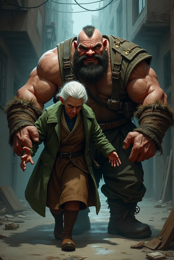 Muscular dwarf man saving an old woman from a criminal