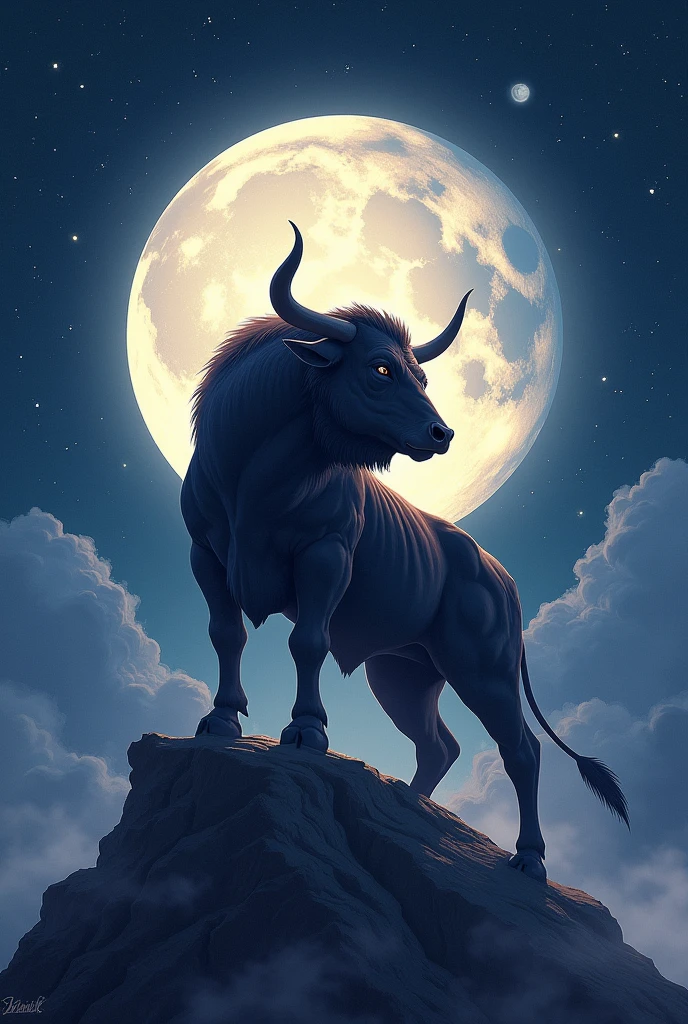 Drawing of a bull on top of a moon with a background of stars