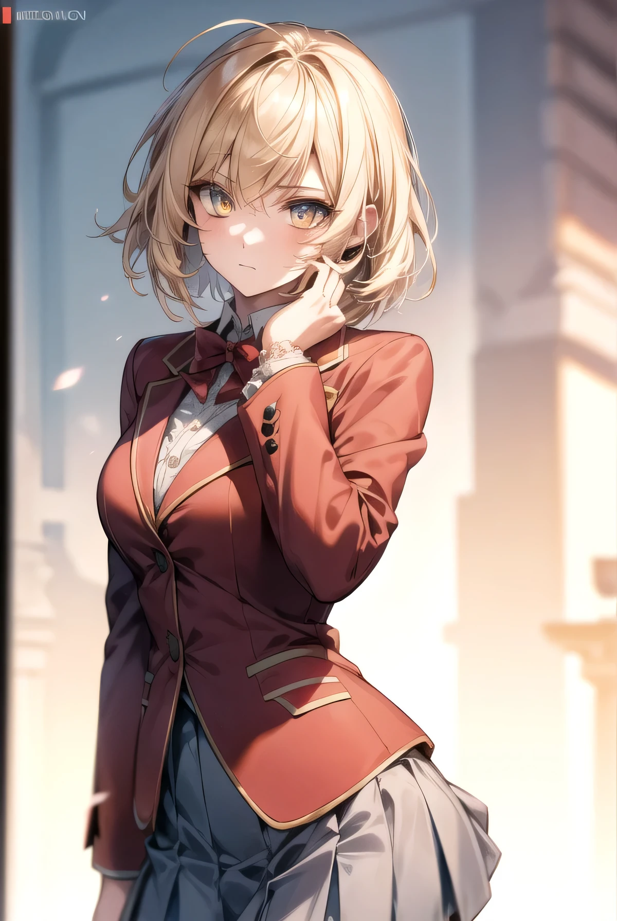 Messy hair, short blonde hair, (yellow eyes:1.3),
BREAK bow, school uniform, jacket, bowtie, blue bowtie, blazer, (red blazer:1.5), skirt, white skirt,
BREAK outdoors 
BREAK looking at viewer, (cowboy shot:1.5),
BREAK (masterpiece:1.2), best quality, high resolution, unity 8k wallpaper, (illustration:0.8), (beautiful detailed eyes:1.6), extremely detailed face, perfect lighting, extremely detailed CG, (perfect fingers, perfect anatomy), 