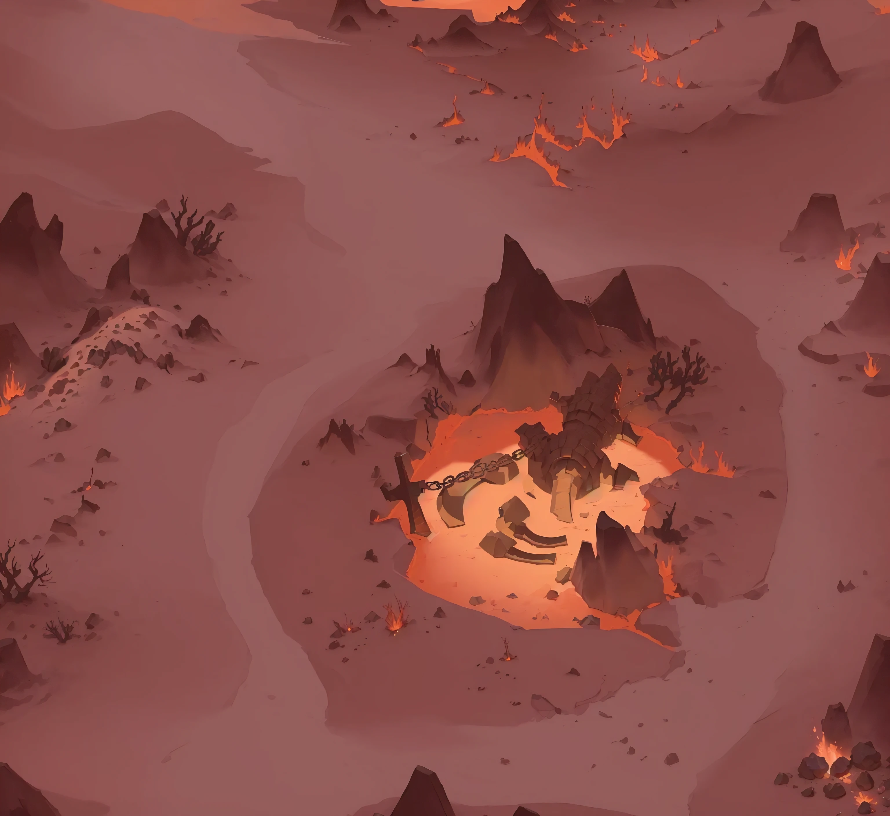 Cartoon illustration:A desert,There is a skull and a skeleton in the middle, Hell Background, Background of lava river, Hot environment, Hellfire Background, bloodbath battlefield background, Burning battlefield background, Volcano Workshop Background, campfire background, flame stones are scattered, Background Air Combat, background technology, Volcano texture, Cursed Valley Background