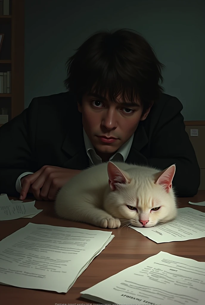 Cat lying on documents、Troubled person