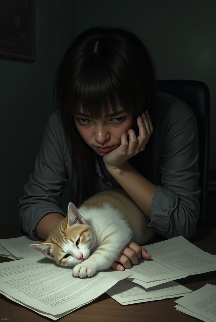 Cat lying on documents、Troubled person