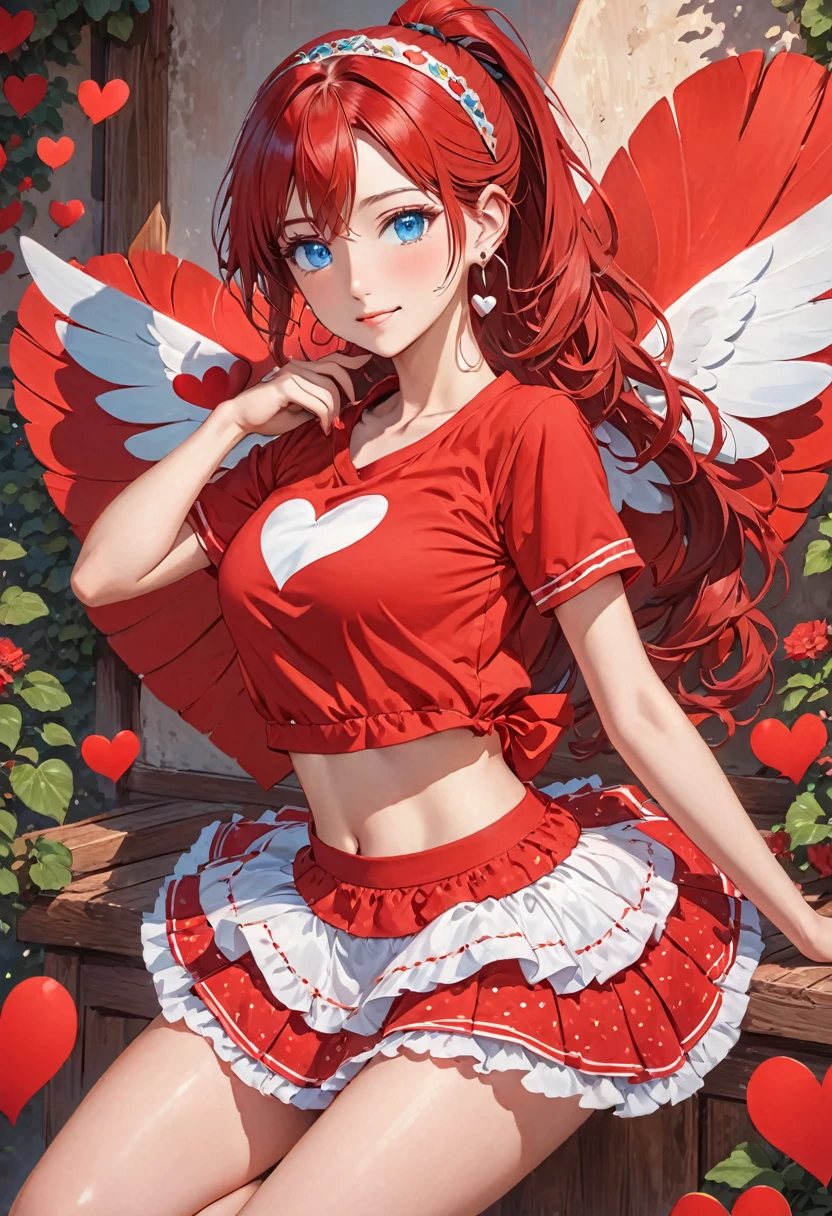 in red dress with heart shaped wings sticking out of her skirt, single girl, alone, one eye closed, jewelry, hair band, ponytail, red hair, heart, looking at viewer, blue eyes, long hair, earrings, short shirt, belly, red shirt