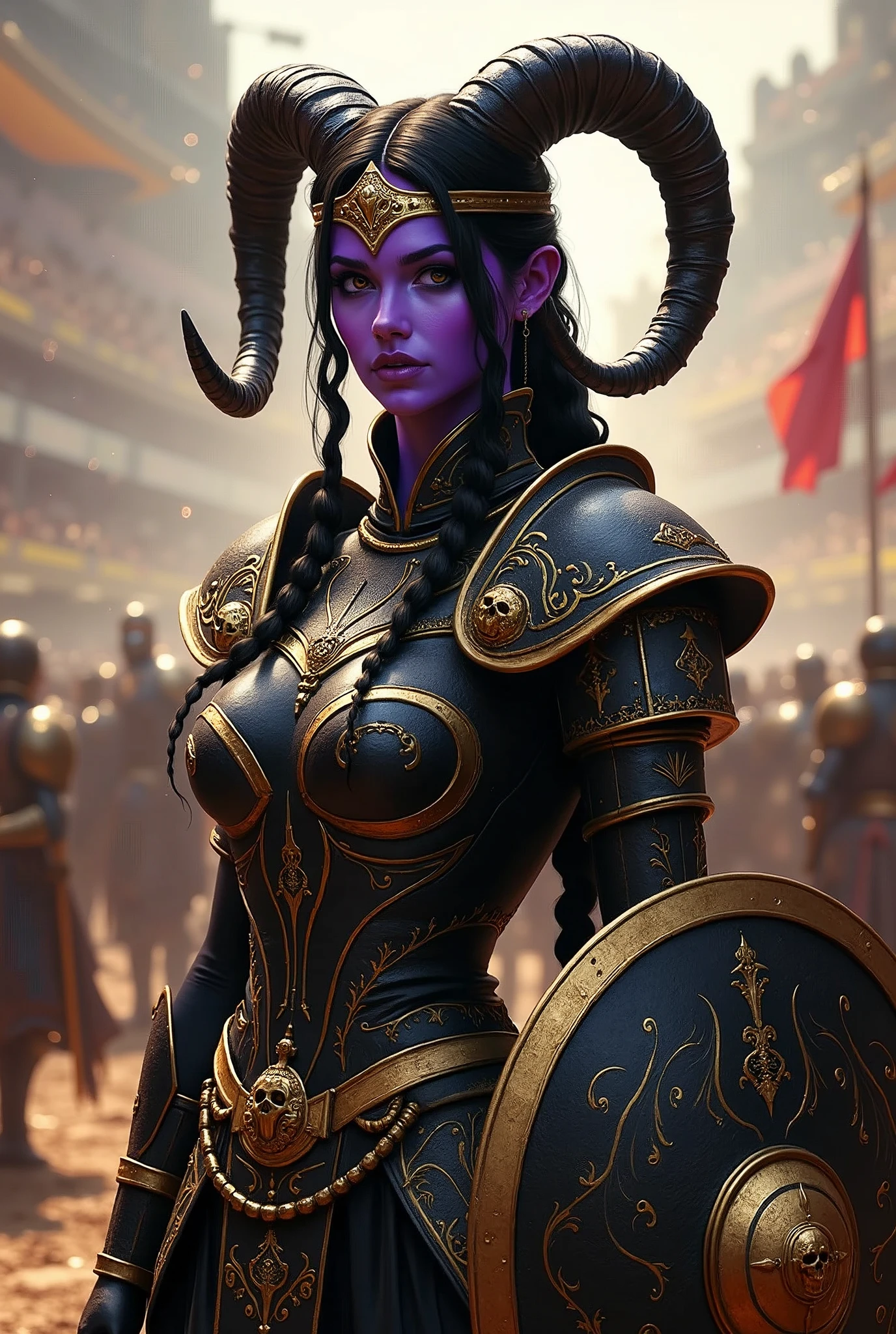 ((portrait, upper torso, armored female paladin, battle worn gloss black lacquered armor:1.4, gold filigree, etched, gold cloak, (((((purple skin Tiefling, black ram horns))), [glossblack hair:dark hair:0.8]))), blackout eyeshadow, iron tiara), braids, (((glowing radiant white skull engraved sword, shield, sparks, windy))), outdoor, intense sunlight, background crowded arena, dynamic battle pose
