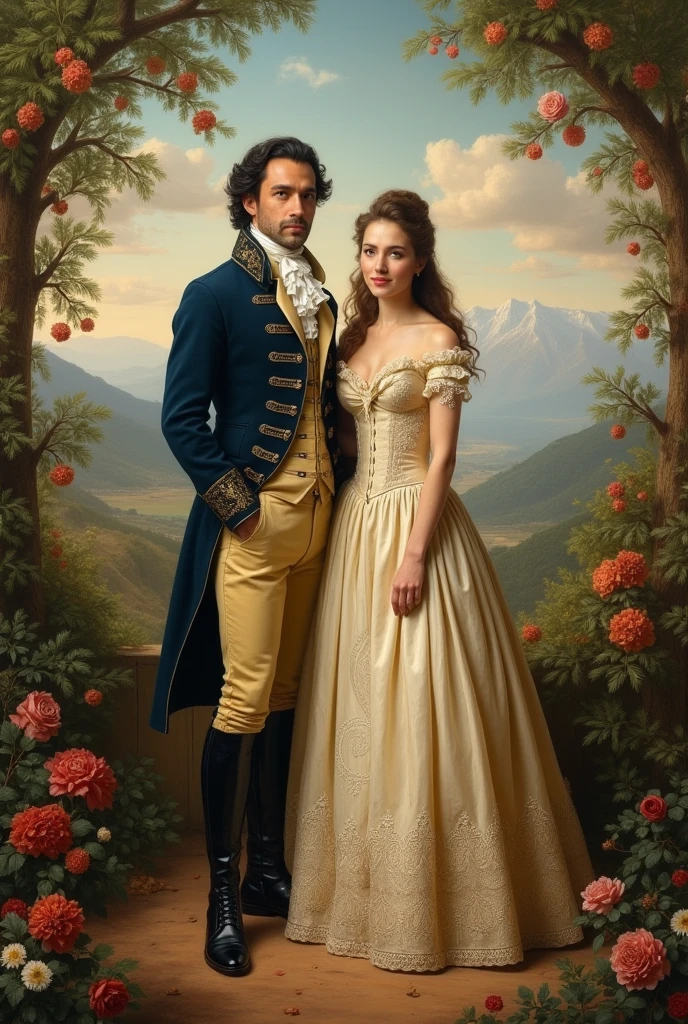 Very attractive man and woman in 18th century clothing in Ecuador in the center