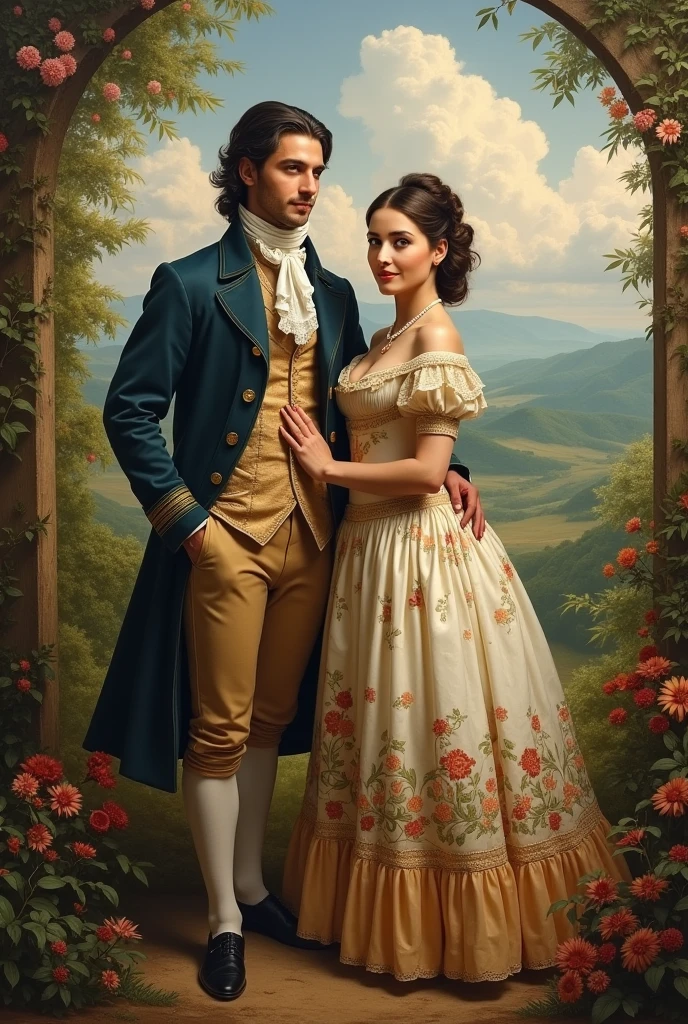 Very attractive man and woman in 18th century clothing in Ecuador in the center