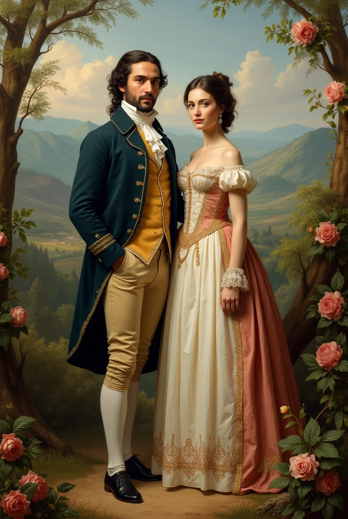 Very attractive man and woman in 18th century clothing in Ecuador in the center