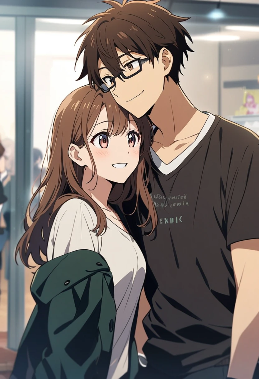 anime, two people, one beautiful female with long brown hair and no glasses, the other person is a male with short dark brown hair and black rimmed glasses, they are boyfriend and girlfriend, both smiling