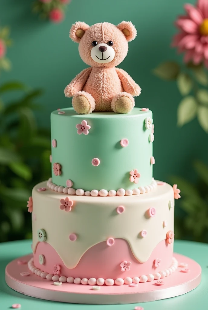 Gender Reveal Cake with Teddy Bear Topper. Green and pink.
