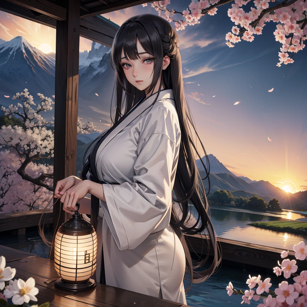 best quality, masterpiece, extremely detailed, detailed background, detailed eyes, Japanese cartoons, 1 Girl, beautiful eyes, Young Girls, Long hair girl, Expressive face, kimono, vintage, 富士山 wind景, outdoor, Sunset, beauty的天空, Picnic by the lake, landscape, wind景, horizon, Mountain next to mountain, wind, petal, spring, Look away, Atmospheric lighting, reflection, naturalistic, detail, realism. relaxation, beauty, Focus only, close up, from the side, Depth of Field, Bokeh