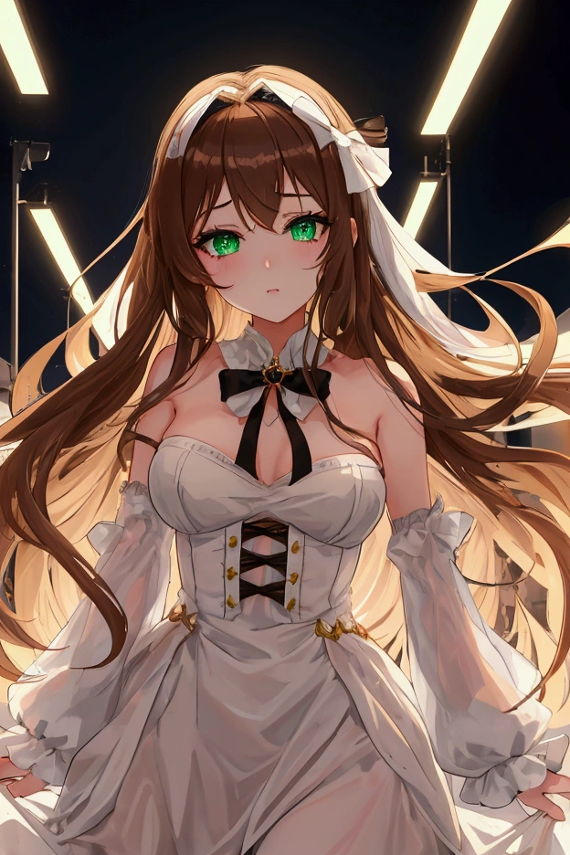 Моника из Doki Doki Literature Club, half body portrait, long brown hair with a big white bow, expressive green eyes, seductive accent on open breasts size 2-3, partially open and emphasized by a low neckline, revealing street style clothing, figure-hugging, provocative background - neon lights of the night city, glittering signs and bright lights, dark makeup, Digital art,highly detailed, difficult, attractive detailed glow, cinematic light, a high resolution, sharp focus, smooth, aesthetic