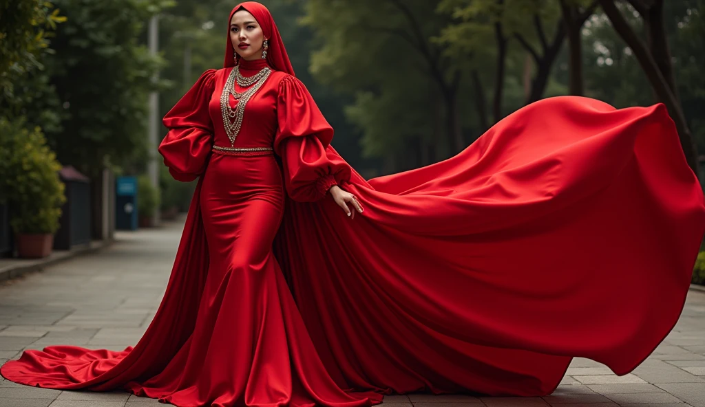 An malay woman in glamorous red mermaid evening dress, long ballon sleeve bolero, long satin scarf wrapped around her arms, wear jewellery, wear modern satin hijab, entirety of fabric over botom dress about 7 meters in length trailing dramatically, glamours style, overlong dress train, extreme detail on the texture of the fabric, wear high heels, sexy random pose in outdoor, dramatic lighting, ultra realistic, high-resolution photography.