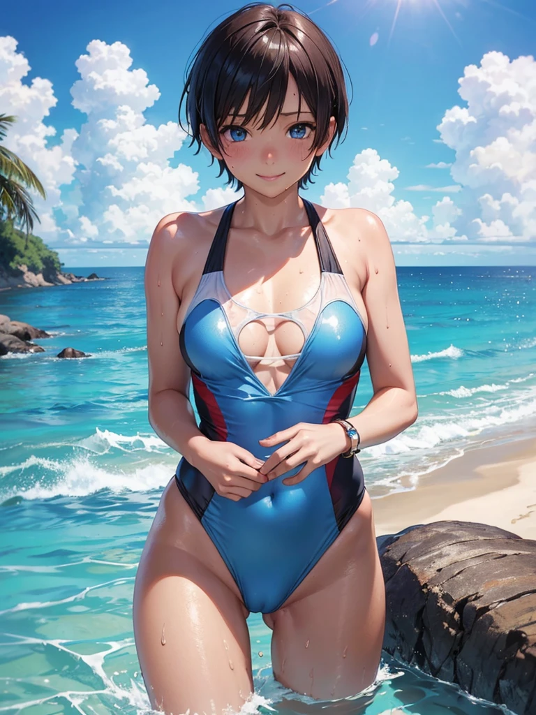 Highest quality、Realistic、zoom、Chestnut Hair、Bright Blue Eyes、Very short hair、One piece swimsuit、Sunburnned black body、Sunburn、Brown Skin、thin、boyish、Sweat、smile、Ocean、