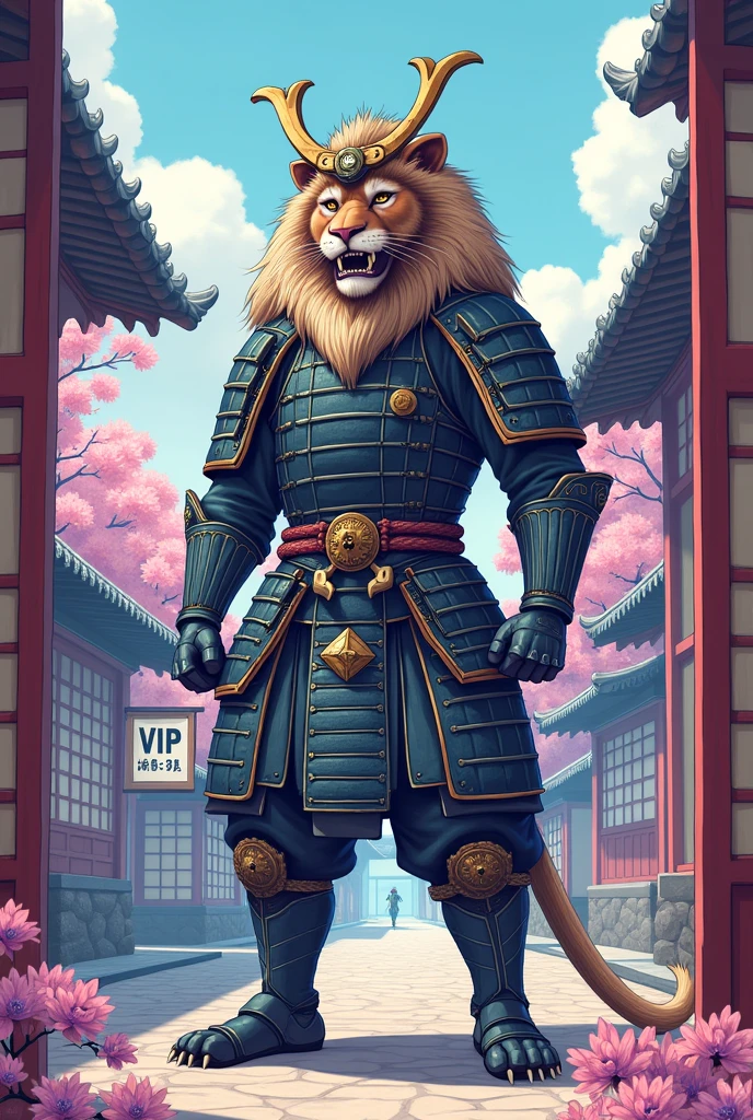 Samurai Lion in an Japanese dojo, modern art, hand-drawn, gray, blue and white colors, Lion warrior, traditional Japanese architecture, cherry blossom tree in bloom, intricate samurai armor, katana sword, focused expression, whit big head, dynamic pose, detailed linework, soft pastel shades of blue, and lavender, artistic interpretation, ArtStation. Whit the medium Argentina flag in the sky and with a very big sign that says ViP