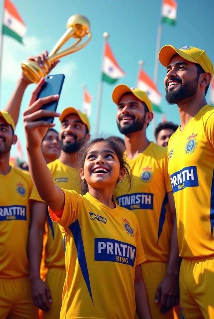 create a realistic image where a 15 Years old IPL fan Young Girl Wearing CSK Team's Jersey With Name “Harshika” is written on it, girl standing with dhoni and 11 player with yellow jersey and dhoni take a ipl trophy, The girl is holding a iphone 15 pro max mobile and taking a selfie with him, indian Flags are Flying in the Back of them And Have Many cricket Supporters there, 3D art painting Realistic photo.
