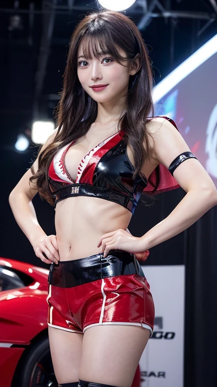 (masterpiece), ((red&black Racing girl costume)), whole body, Highest quality, Highest quality, detailed, 非常にdetailedな_eye, sexy,chest, Beautiful Hands, Beautiful feet,(eyeliner:0.5),(blush:0.5), Jet Black Hair、A light smile, Fingernails, masterpiece, Highest quality, detailedな肌の質感, detailedな布の質感, 複雑なdetailed, 超detailed, ((Super GT Event)), Random Pause, (Circuit Background),  Bottom Angle, Front view, From below, (Highest quality, High resolution, Realistic, original, 8k,masterpiece, ),Highest quality, masterpiece8k. Wallpapers HDR. High Rib:1.2, Film Grain, Blurred Bokeh:1.2, Lens flare, (Bright colors:1.2), (delicate),((Grid girl costume made of shiny enamel material))、((Costumes with sponsor logos:1.3))、((Exposed Skin:1.4))、((Very short, tight fitting shorts))、((Standing in front of a supercar))、motor Show、